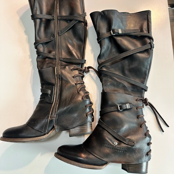 Freebird Cassius Black Lace Up Leather Tall Boots Size 10 Handcrafted Used - Picture 3 of 10